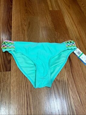In Mocean Mint Green Bikini Bottom with Multicolor Crochet cut out Sides size L